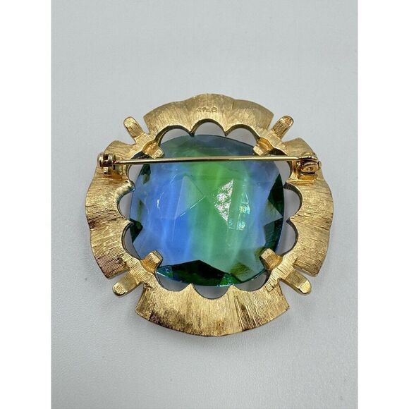 Vintage Large Gold ToBlue Green Faceted Glass Rhineston Brooch Signed STAR - Picture 2 of 7